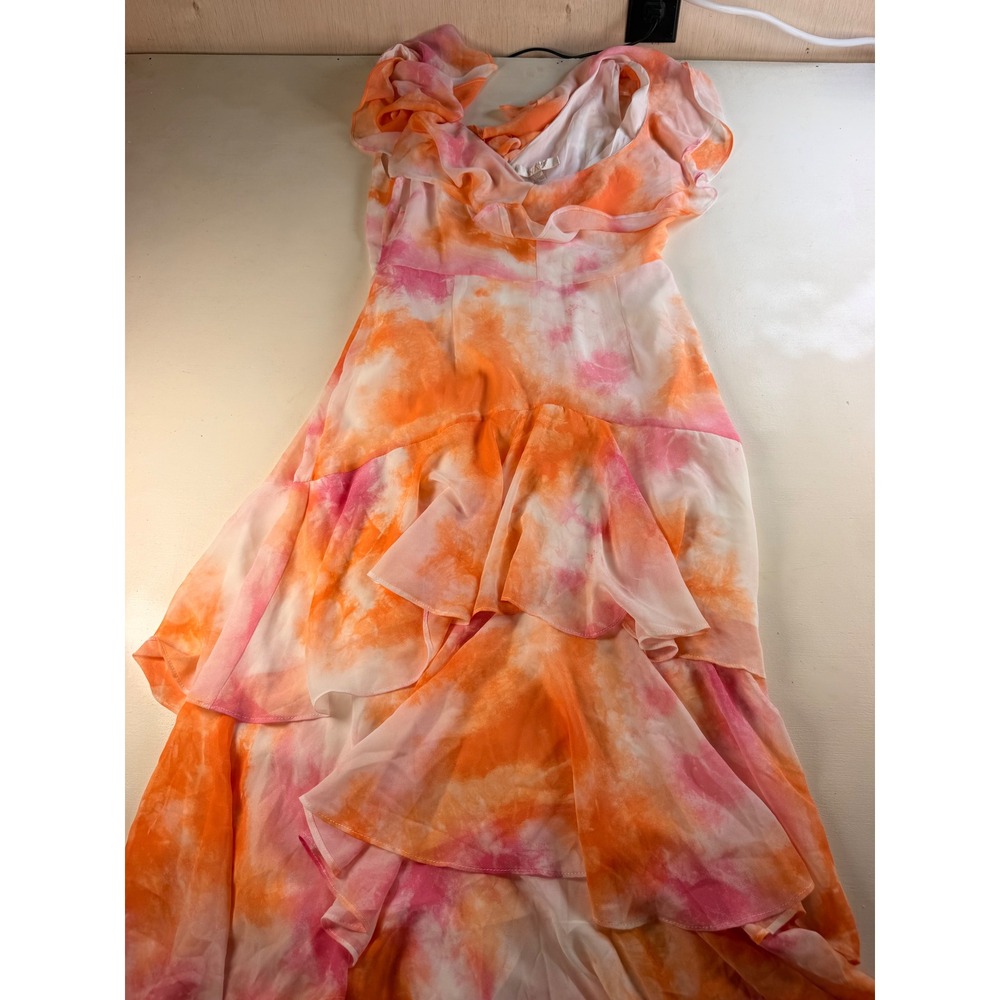 WAYF High-Low Maxi Dress Womens Medium Orange Pink Tie Dye Y2K Ruffle Boho SJ